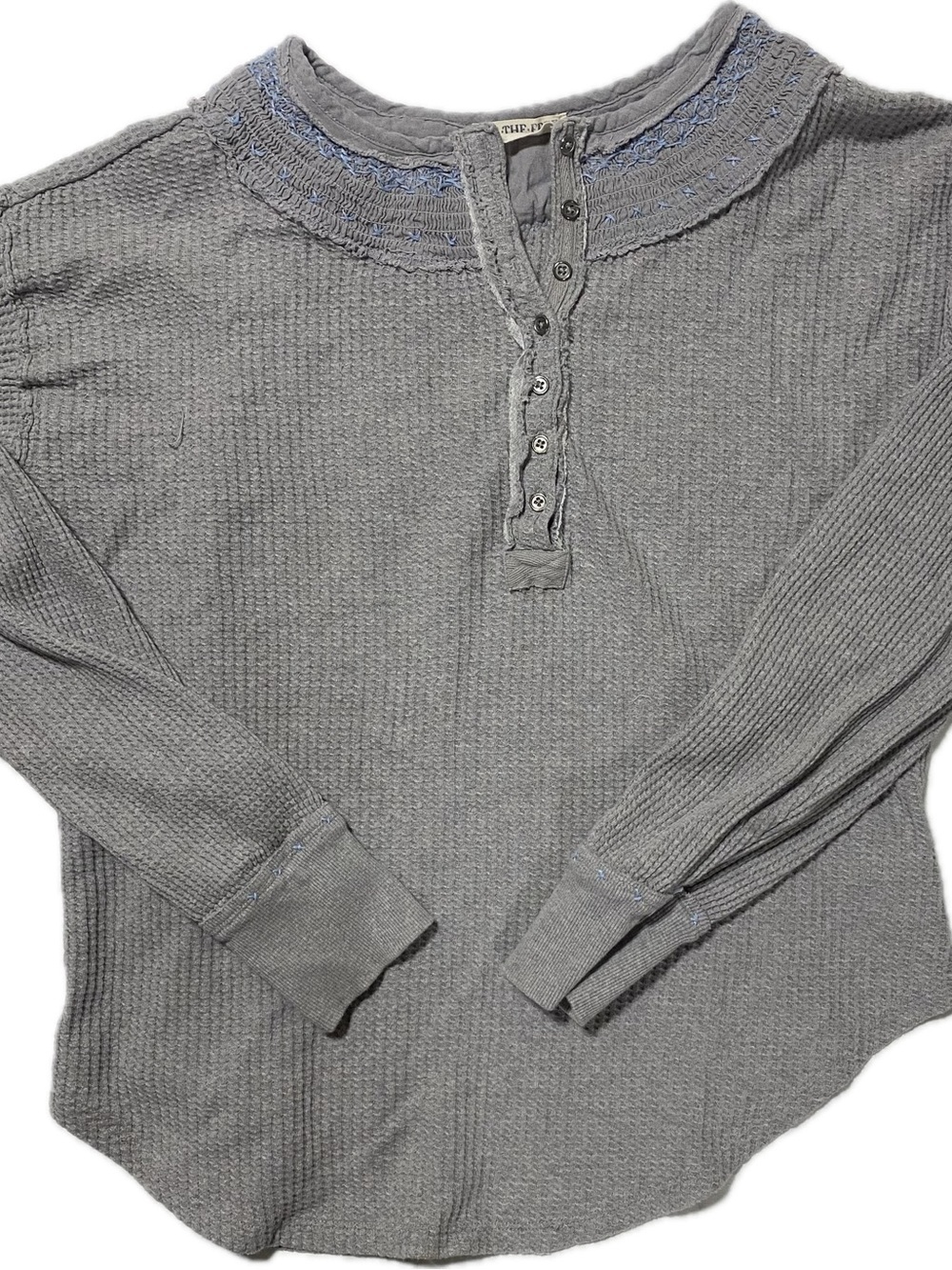 We The Free Long Sleeve Gray Waffle Henley with Decorative Stitching